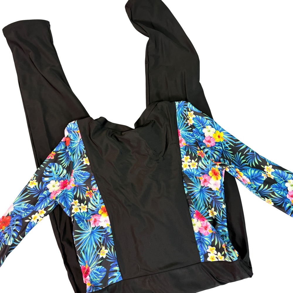 Girls Long Sleeve‎ Full Coverage Swimsuit Tropical Print Rash Guard